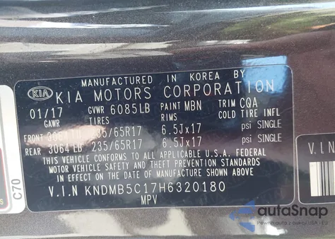 2017 Kia Sedona Lx z USA, uszkodzony, nr VIN KNDMB5C17H6320180